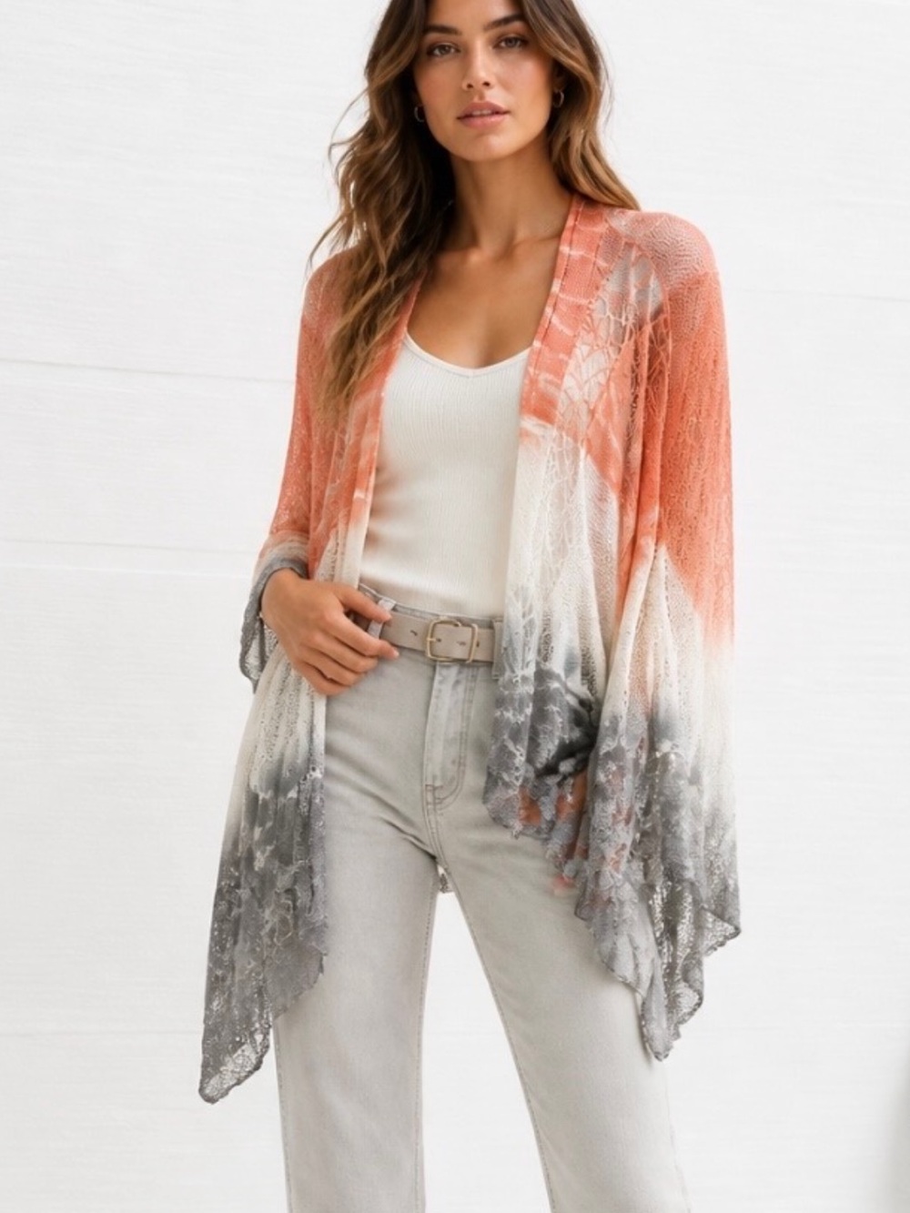 SUNDANCE Open Front Lace Cardigan Sweater Ombre Tie Dye Lightweight Orange Gray